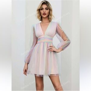Pastel Rainbow Mesh Long Sleeve Mini Dress
